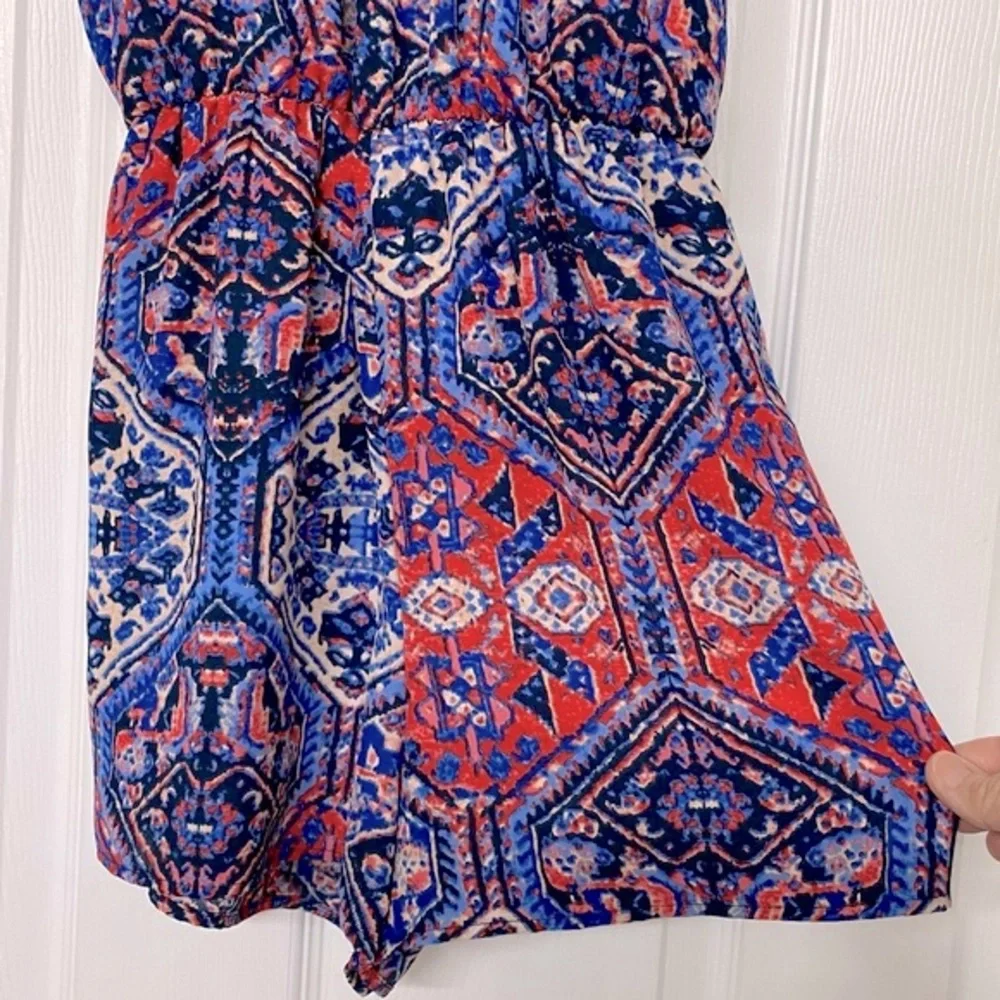Everly Southwest Print Lace Up Front Navy Blue Romper Shorts Sz S